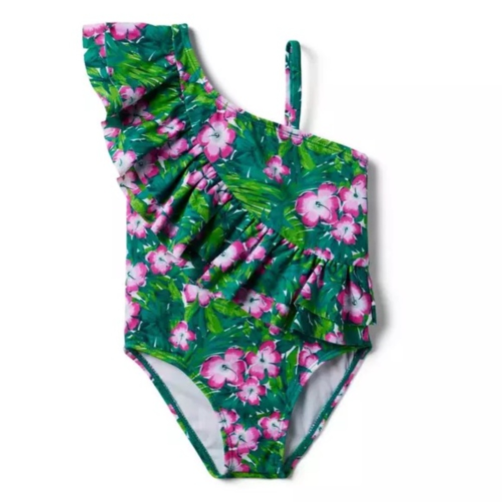 Janie and Jack Green Recycled Hibiscus Ruffle Swimsuit